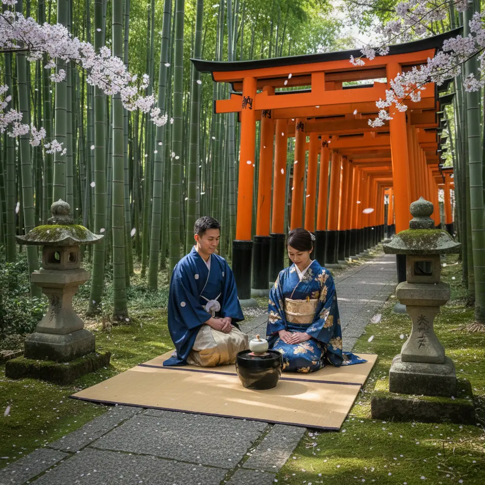 Kyoto’s cultural tranquility: vermilion torii gates at Fushimi Inari Shrine leading into a lush bamboo forest with dappled sunlight, a couple in matching silk kimonos performing a traditional tea ceremony beside moss-covered lanterns and cherry blossom petals drifting through a temple garden