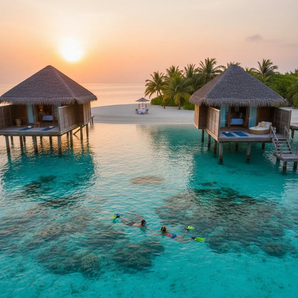 A luxurious Maldives overwater bungalow retreat at sunset: two private villas perched on stilts above a crystal-clear turquoise lagoon, vibrant coral reefs visible beneath the water, a couple snorkeling hand in hand, a candlelit dinner set on a secluded sandbank framed by gently swaying palm trees, and a private deck with sunrise yoga mats and plush lounger overlooking the ocean.