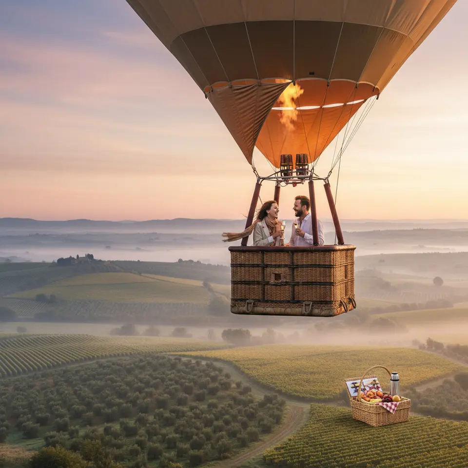 A romantic hot-air balloon ride at dawn over rolling vineyard hills: a wicker basket carrying a couple sipping champagne, pastel pink and golden sunrise sky, patchwork fields of grapevines and olive groves below, delicate morning mist clinging to valleys, and a picnic basket with a light breakfast awaiting on landing.