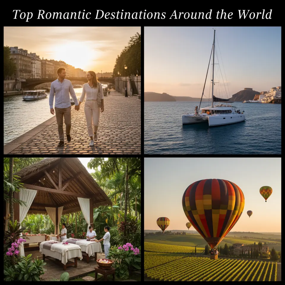Top Romantic Destinations Around the World – A vibrant collage showing: a couple strolling hand-in-hand along the Seine at sunset in Paris; a private catamaran gliding over the Aegean Sea at dawn in Santorini; a lush jungle‐view spa pavilion set up for a couples’ massage in Bali; and a hot-air balloon drifting above rolling vineyards at sunrise in Tuscany.