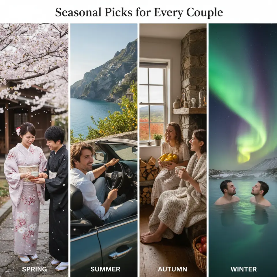 Seasonal Picks for Every Couple – A four-panel scene capturing each season’s romance: spring cherry blossoms and a traditional tea ceremony in Kyoto; summer’s cliffside drive with lemon trees and turquoise waters on Italy’s Amalfi Coast; autumn foliage in New England with a cozy B&B and apple cider by the fireplace; and a winter night in Iceland soaking in geothermal hot springs under the Northern Lights.
