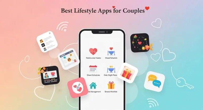 Happy couple sitting together using smartphones and tablets to manage communication, plans, and shared relationship activities
