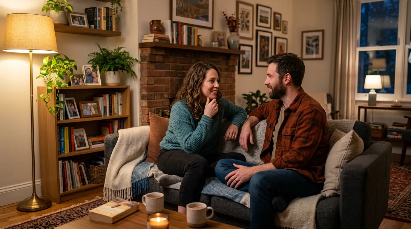 A couple sitting closely on a sofa having a deep heartfelt conversation, showing emotional intimacy and connection in a romantic relationship.