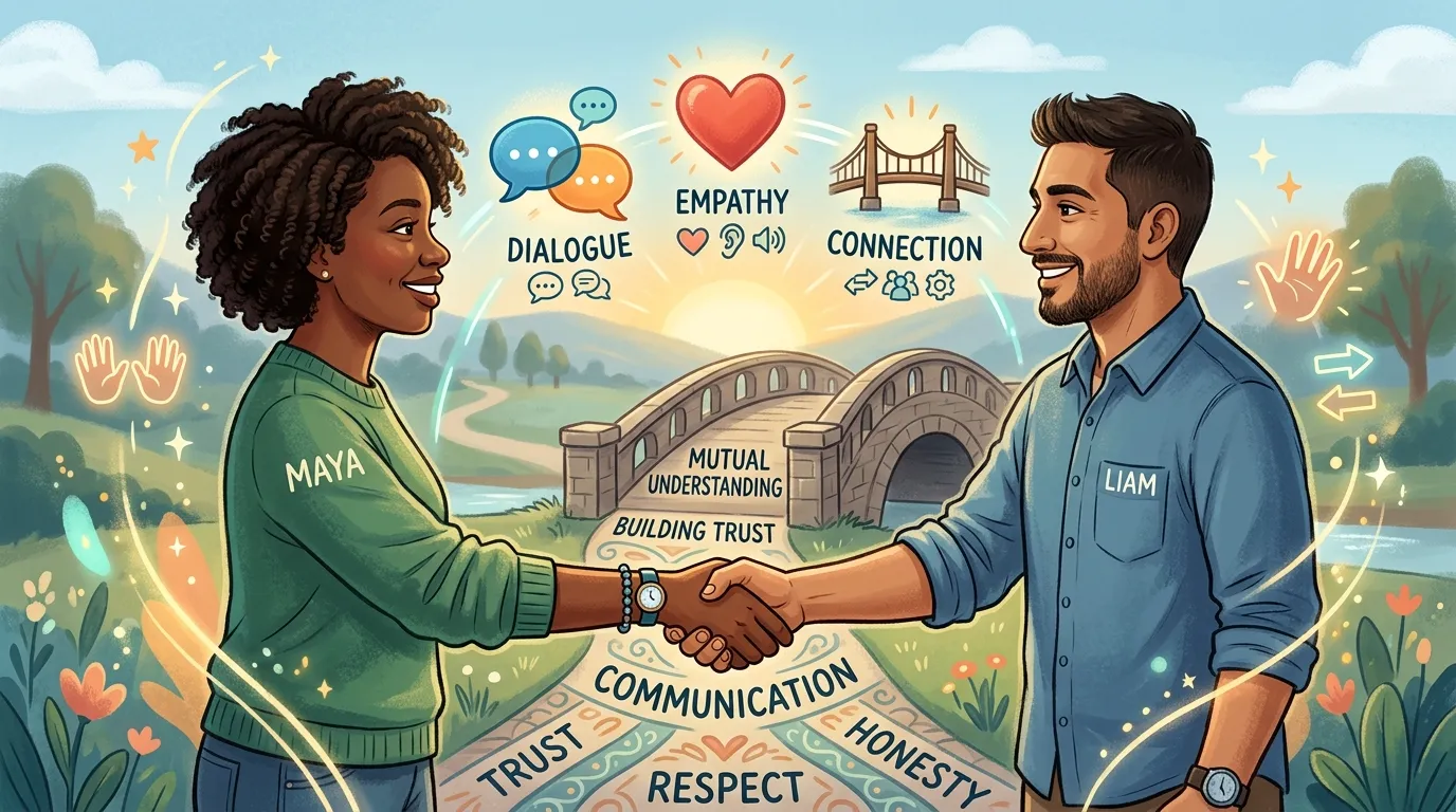 A couple talking openly while maintaining eye contact, showing honest and supportive communication.