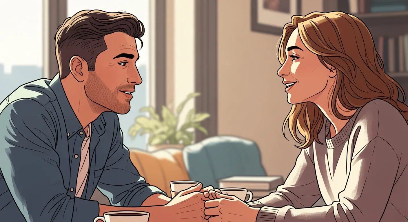 Two people having a deep, open conversation, showing active listening, eye contact, and emotional connection.