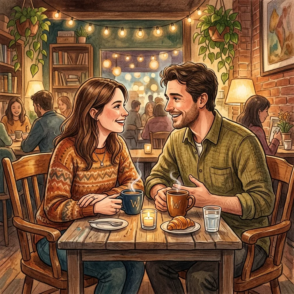 Couple sitting face-to-face having a calm conversation in a cozy room, symbolizing healthy communication and emotional understanding in a relationship.