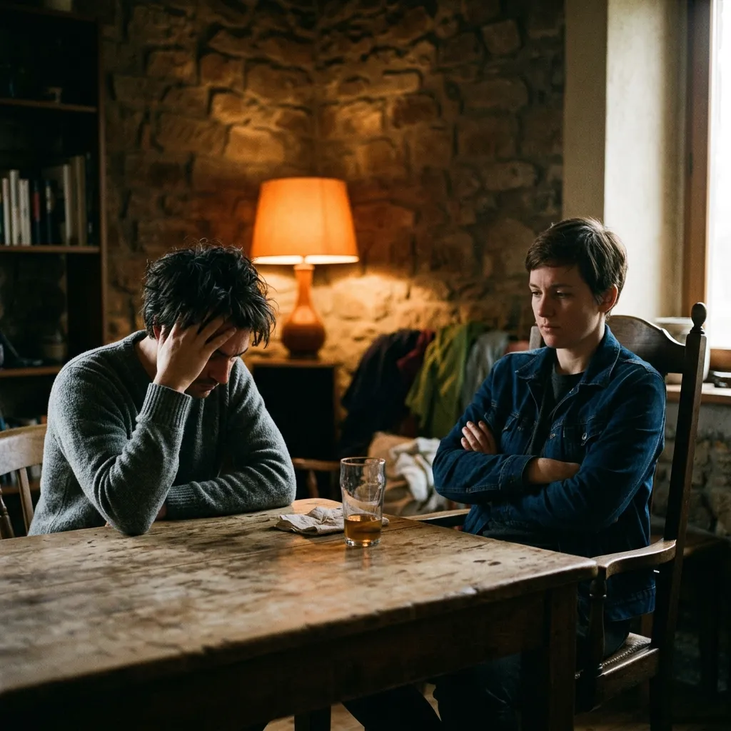 Stressed couple sitting apart on a sofa with emotional distance, representing relationship conflict, trust issues, and unresolved arguments.