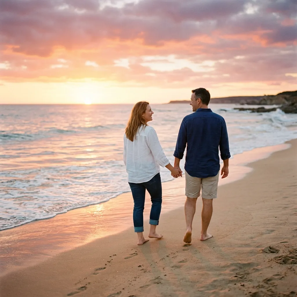 Happy couple walking together outdoors symbolizing growth, healing, and a stronger relationship.