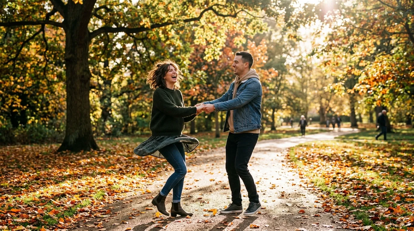 Couple laughing and walking hand in hand outdoors while taking candid, natural couple pictures in golden hour lighting.