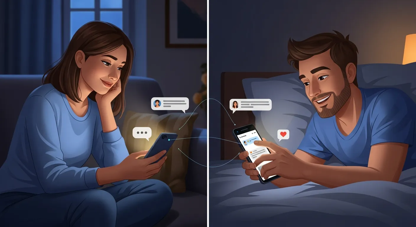 Couple using a shared relationship app on smartphones to chat, check-in emotions, and coordinate daily life