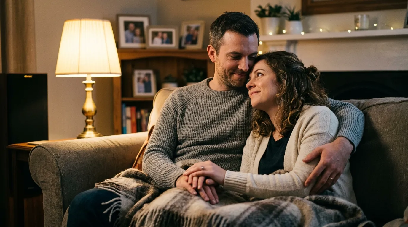 A couple sitting close together sharing a deep emotional conversation in a calm, warm setting.