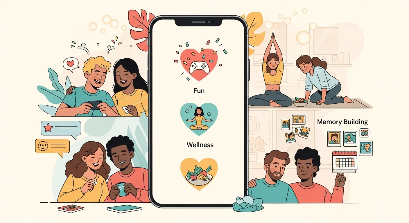 Partners using apps for fitness tracking, photo sharing, and relationship games to strengthen emotional bond