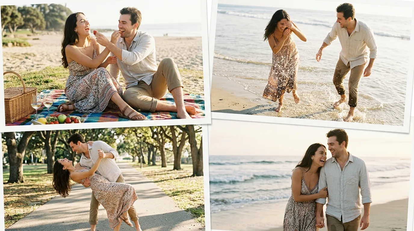 A happy couple laughing together during a lighthearted conversation, showing joy, fun, and bonding in a healthy relationship.
