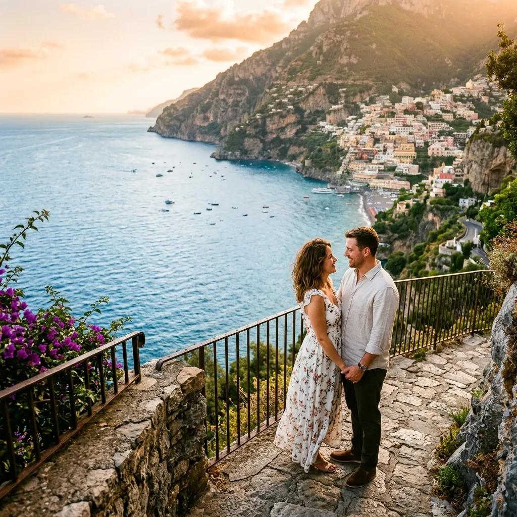 Couple enjoying sunset beside a luxury cliffside villa overlooking the Tyrrhenian Sea on Italy’s Amalfi Coast.