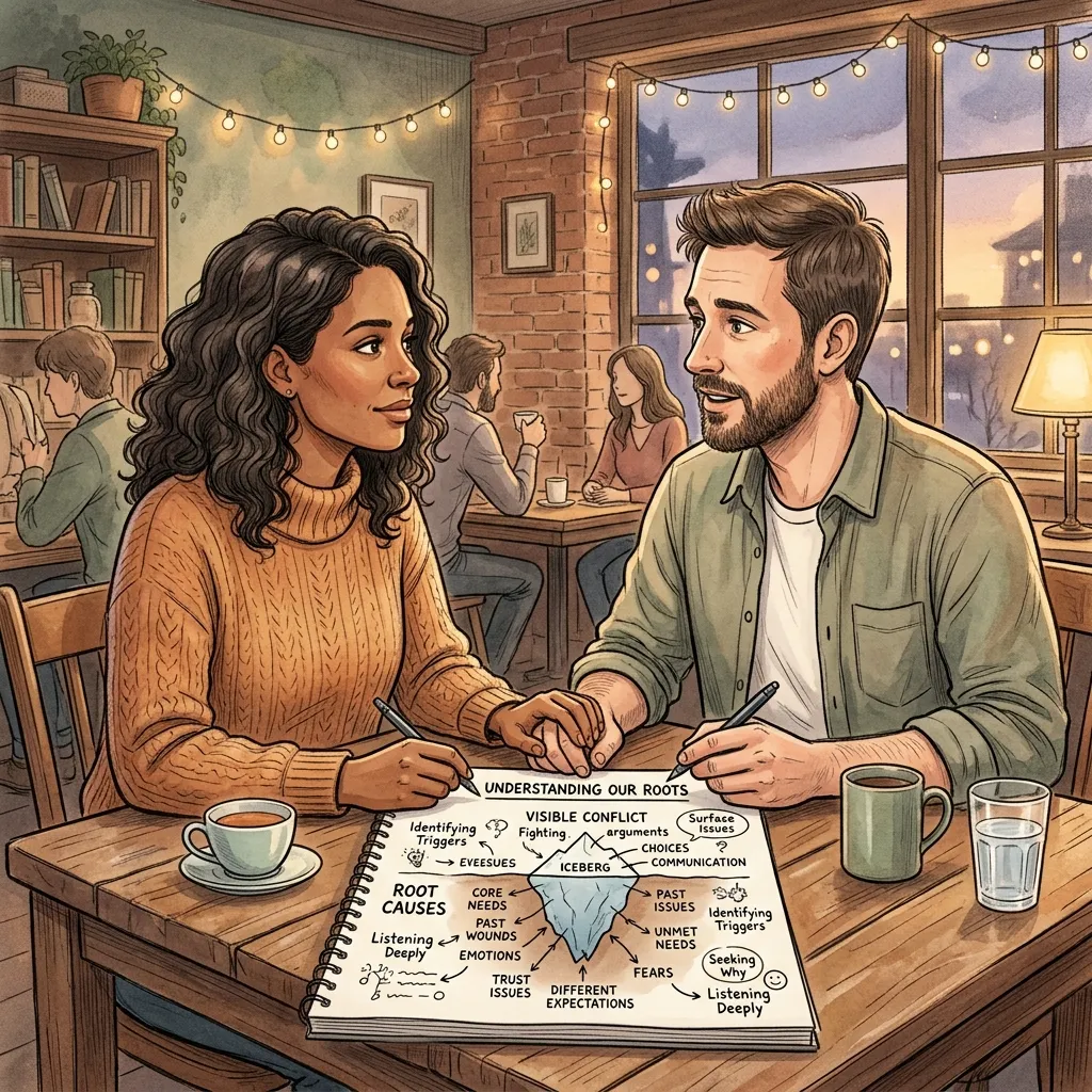 Couple having a serious conversation together at home while discussing relationship problems calmly.