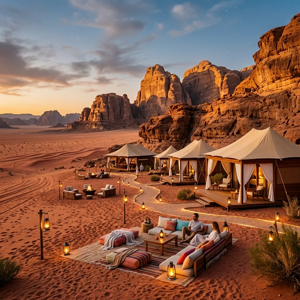 Luxury desert yurt camp beneath a star-filled sky in Wadi Rum, Jordan, with glowing lanterns and red sand dunes.