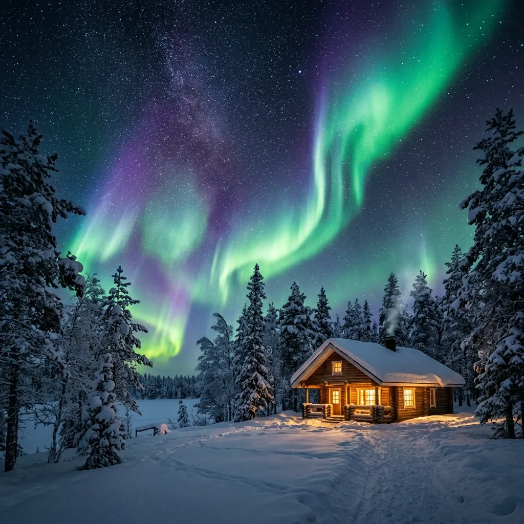 Glass igloo surrounded by snowy forests under vibrant Northern Lights in Finnish Lapland during winter.