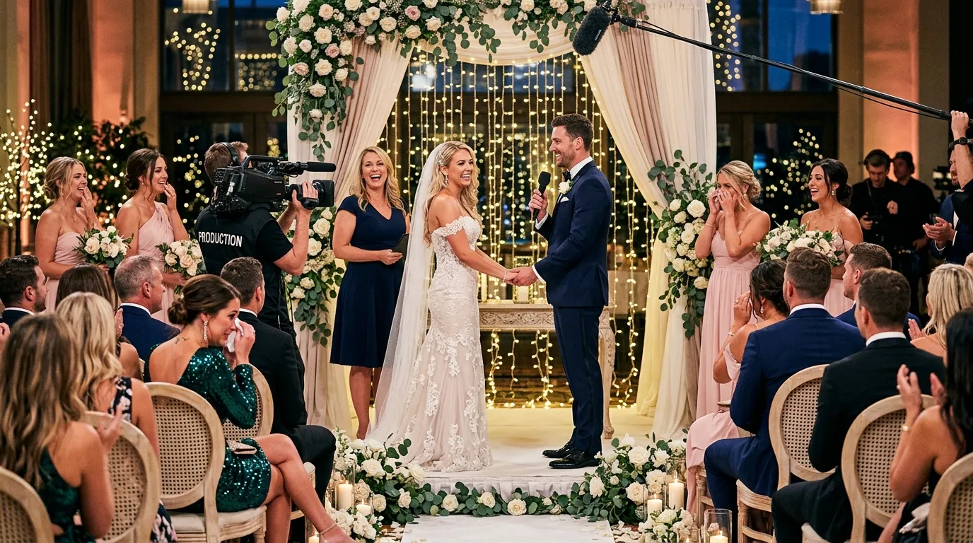 Love Is Blind couples getting married at the altar in emotional televised wedding ceremonies with family and cameras present
