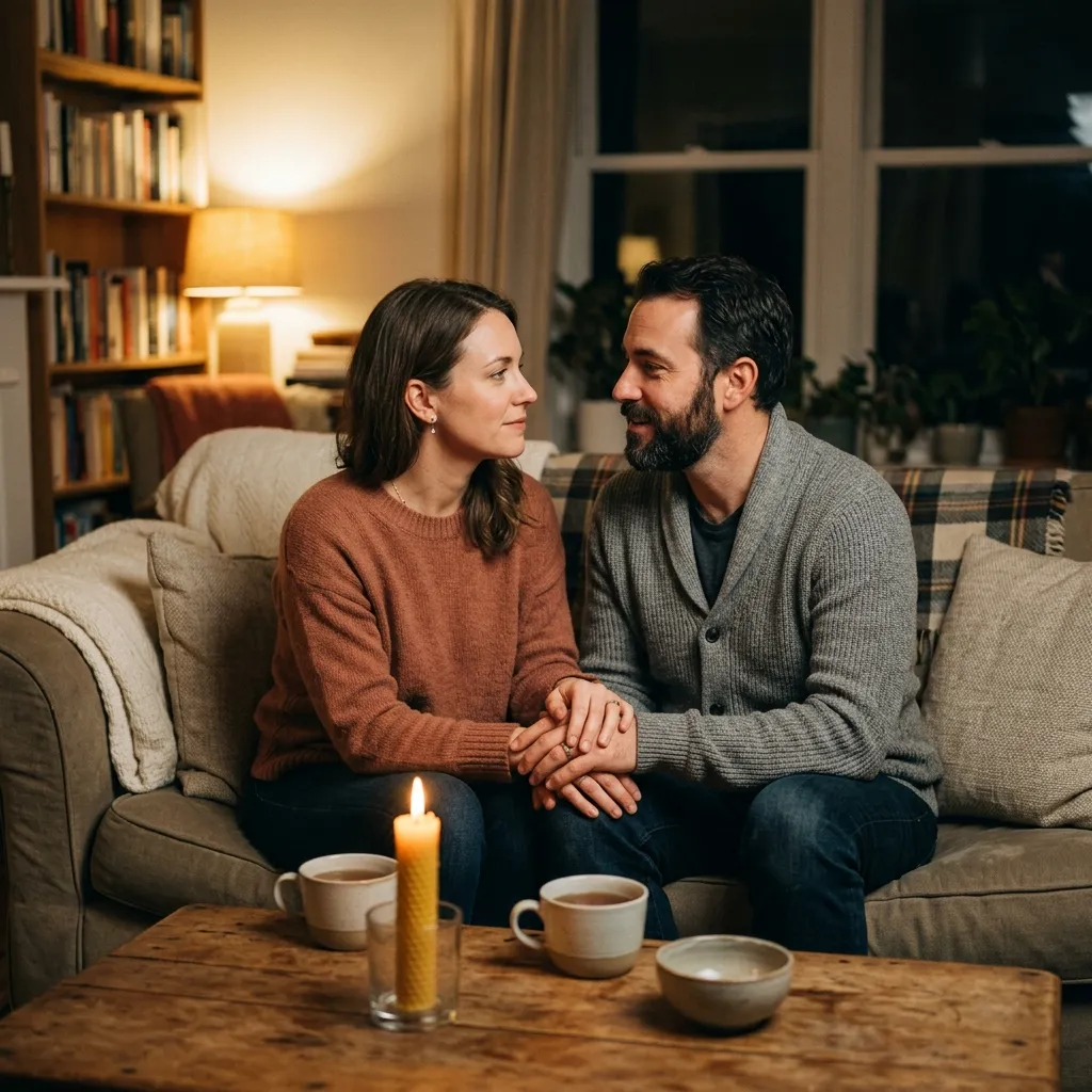 Two partners holding hands and reconnecting emotionally during a heartfelt moment.