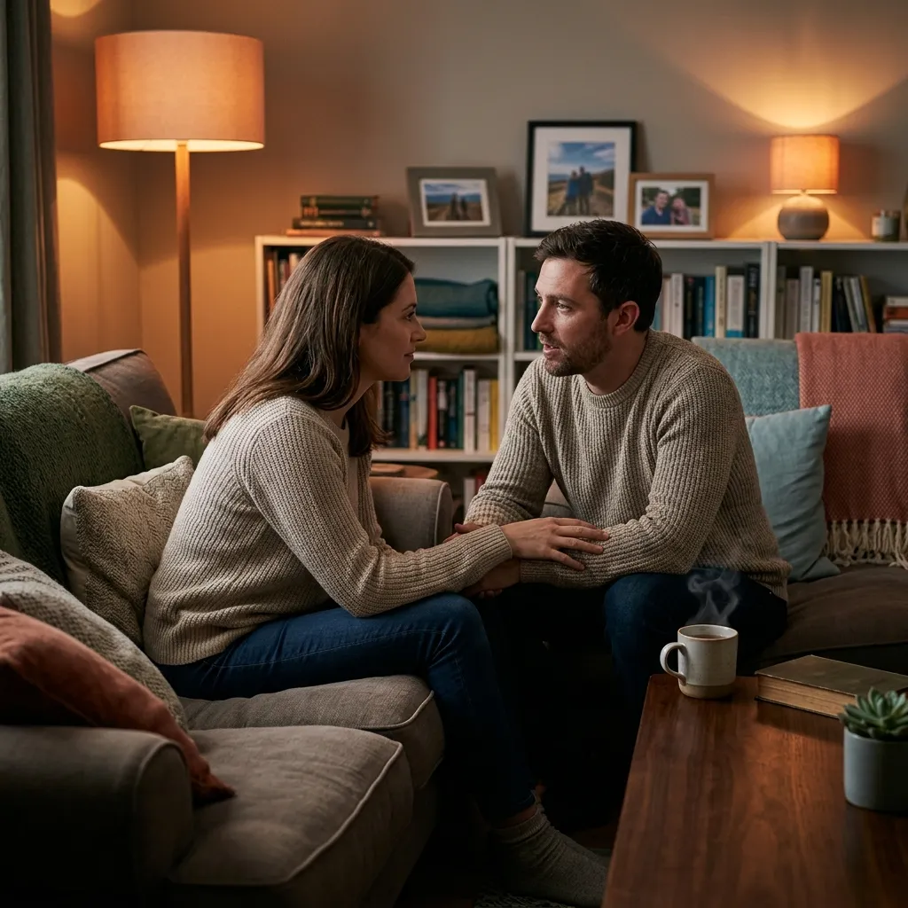 Couple reconnecting through affection and discussing healthy relationship boundaries together.