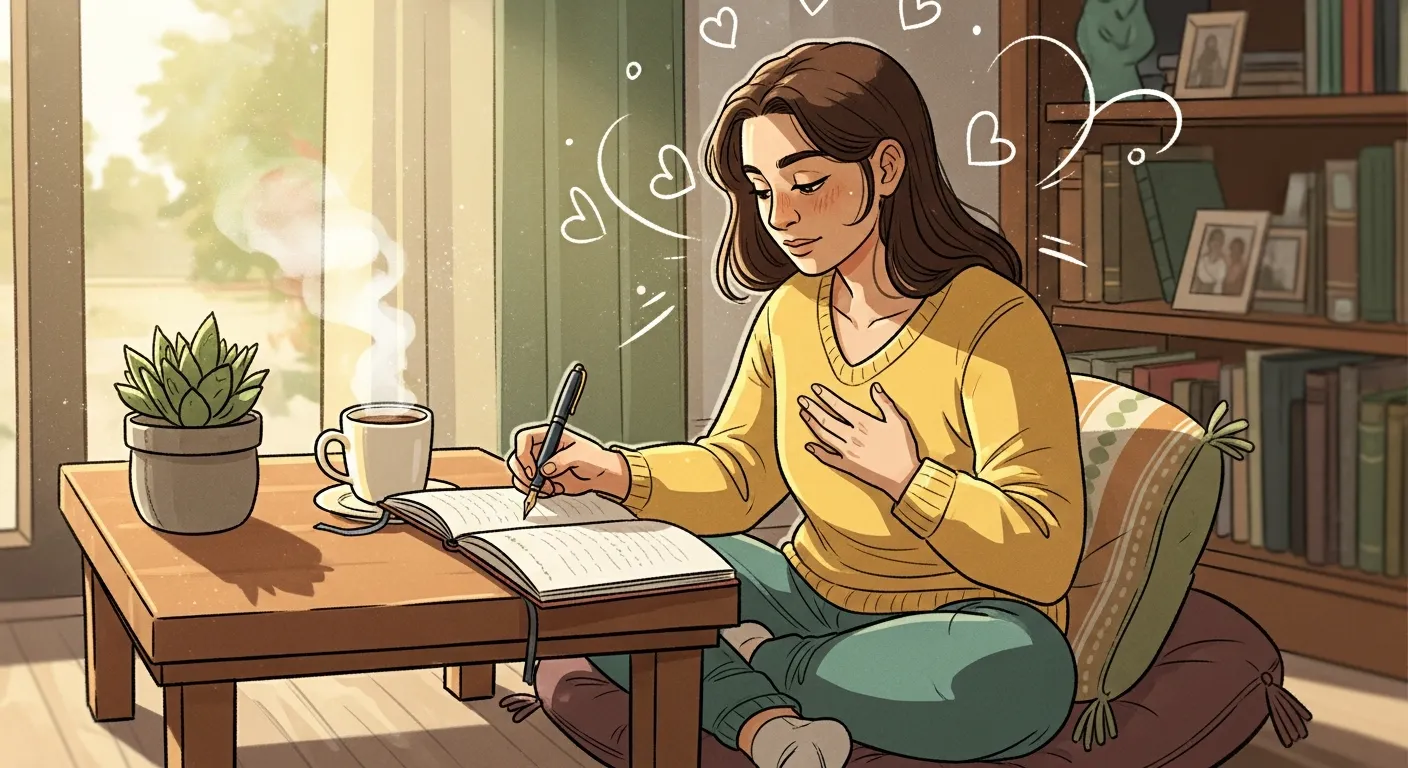 Person journaling peacefully in a cozy space, reflecting on emotions and practicing self-love and self-awareness.