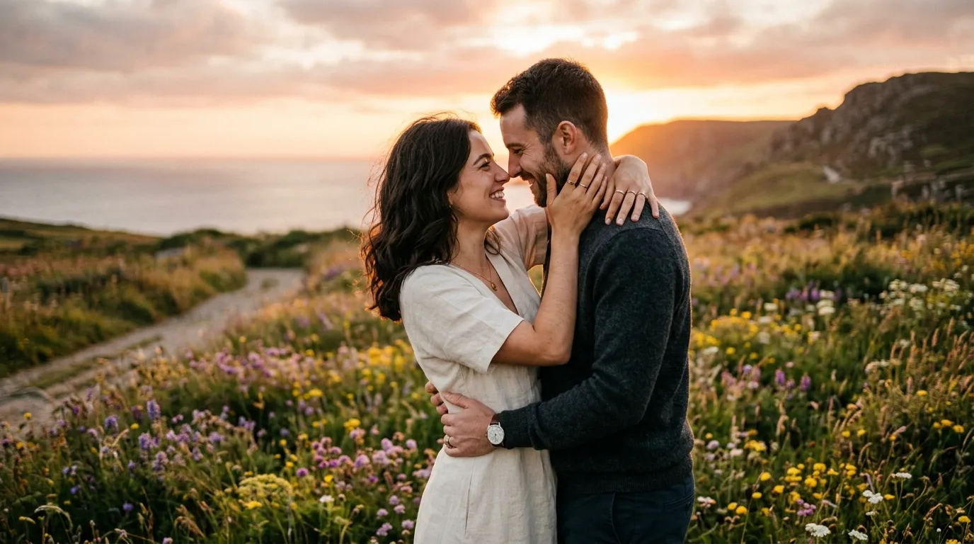 Romantic couple embracing softly during sunset, capturing an emotional and intimate moment through photography.
