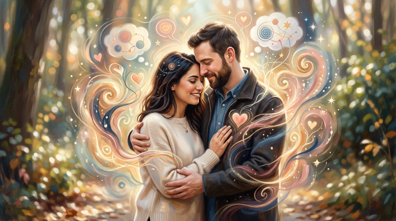 Couple in love sharing an emotional moment while talking and smiling together indoors