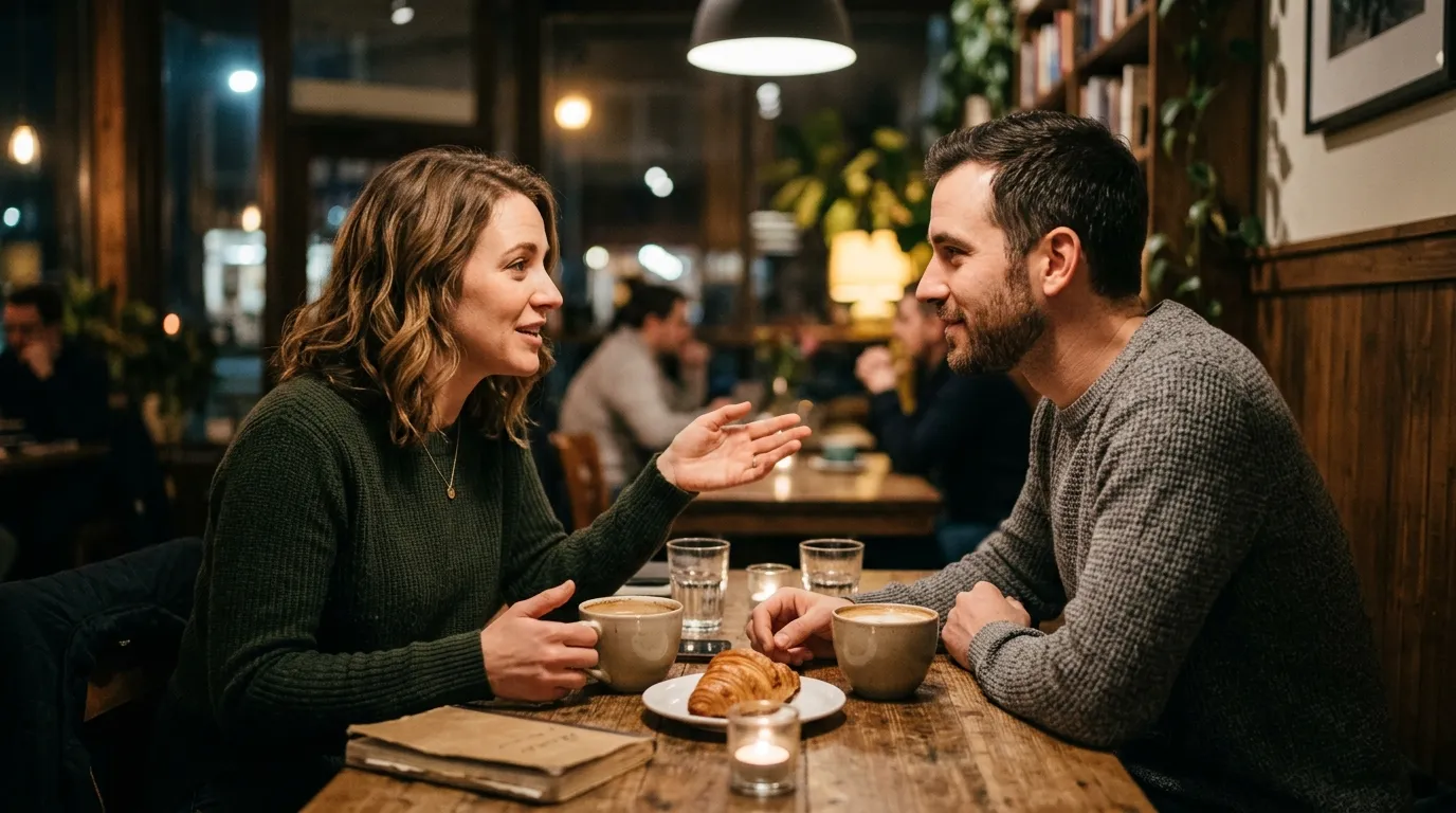 A romantic couple talking seriously at home in a calm environment, representing trust, understanding, and emotional openness in a relationship.