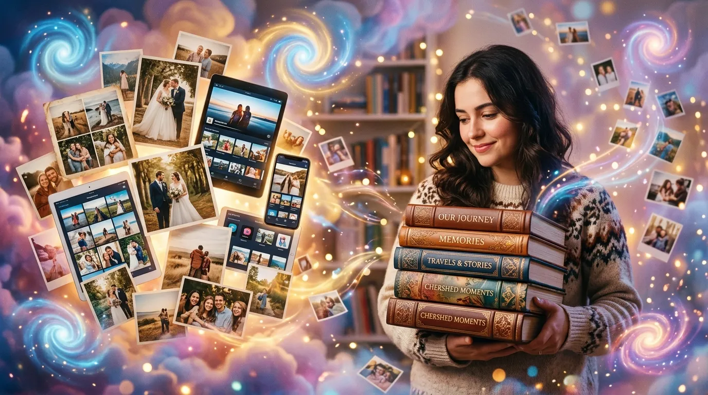 Couple organizing printed photo albums and digital photo gallery showing their romantic journey and shared memories.