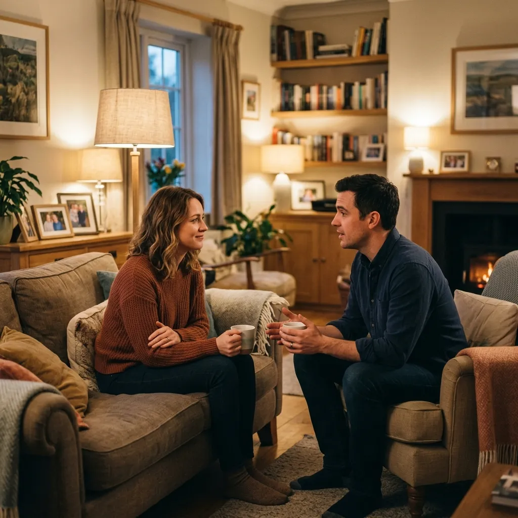 Couple respectfully discussing a disagreement while practicing healthy conflict resolution skills
