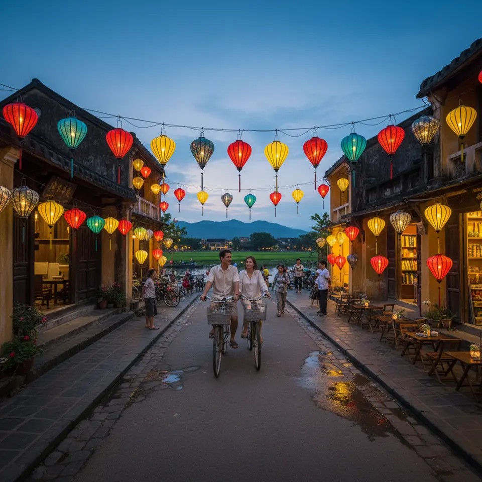 Hoi An’s Lantern-Lit Allure: A twilight scene in Vietnam’s UNESCO-listed old town, with hundreds of colorful silk lanterns suspended above narrow cobblestone streets, ancient temples glowing in warm light, a couple riding vintage bicycles past riverside cafés, and lush rice paddies glimpsed beyond wooden shopfronts.