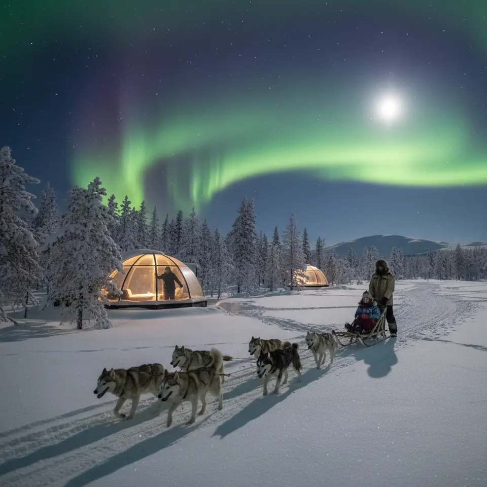 Lapland’s Winter Magic: A snowy Arctic panorama at night featuring glass-roofed igloos nestled among frost-covered pine trees, the Northern Lights rippling green and violet across the starry sky, and a traditional dog-sled team gliding through a moonlit clearing.