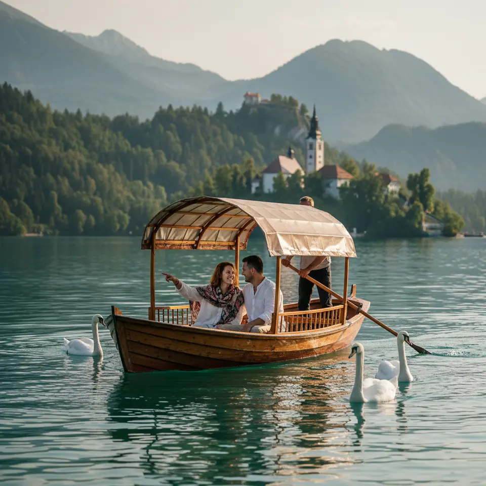 A couple gliding in a traditional wooden pletna boat toward Lake Bled’s tiny island church, emerald waters rippling around swans, framed by lush forested hills under soft afternoon light
