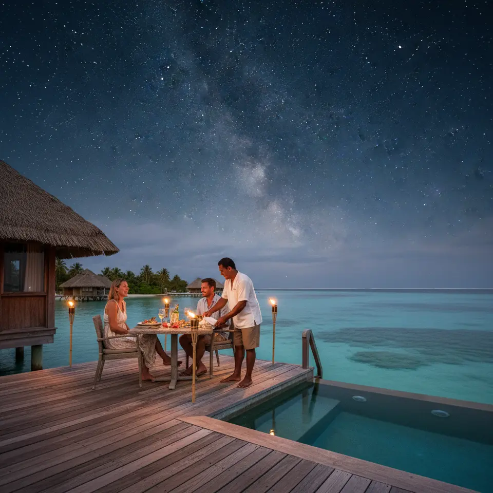 An overwater bungalow in Bora Bora at dusk, its private deck with plunge pool extending into a turquoise lagoon, torchlit dinner table set by a butler beneath a star-filled sky