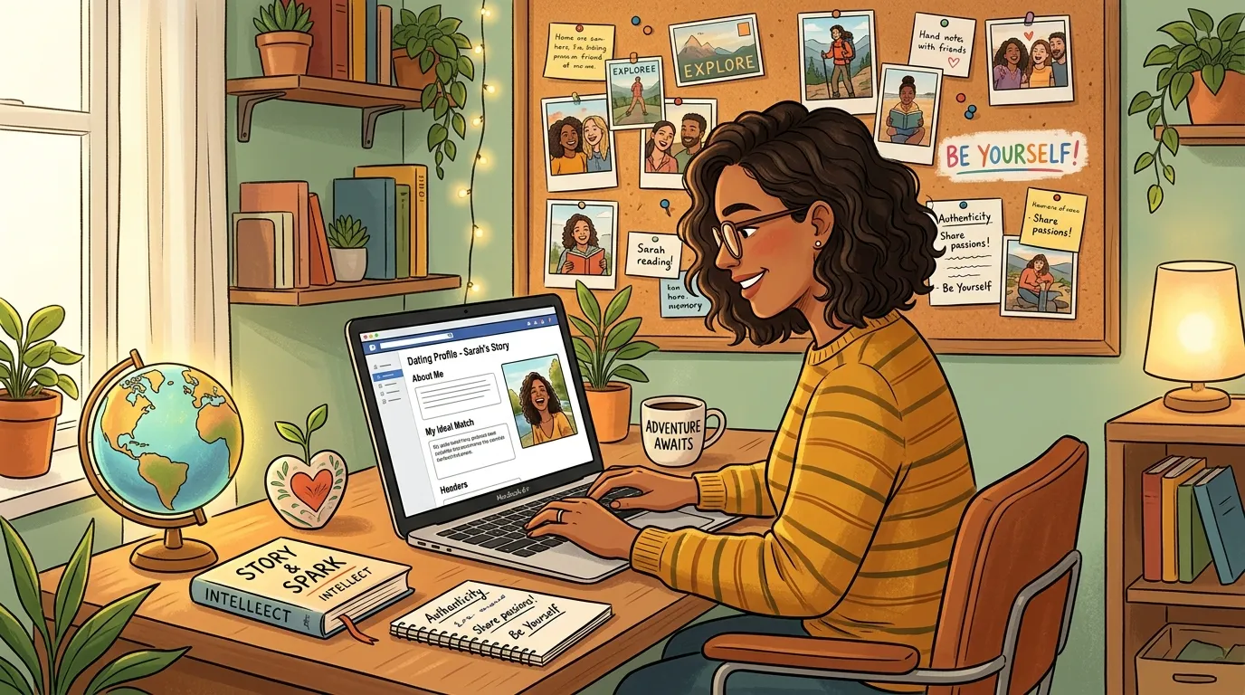 A person creating an online dating profile on a smartphone, selecting photos and writing a bio to attract meaningful matches.