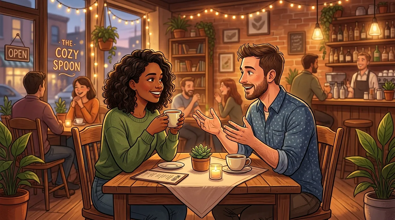 Two people enjoying a casual first date in a café, having a friendly conversation and smiling in a relaxed atmosphere.
