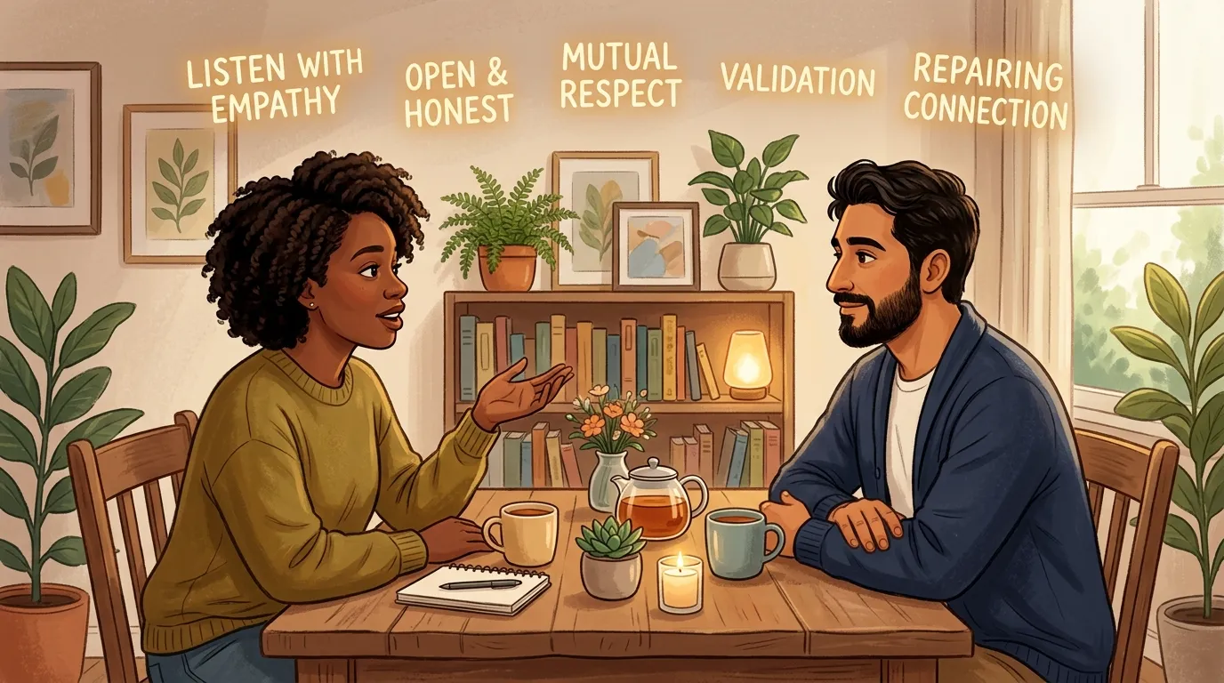 Two partners calmly discussing their feelings together, showing healthy communication and emotional connection.