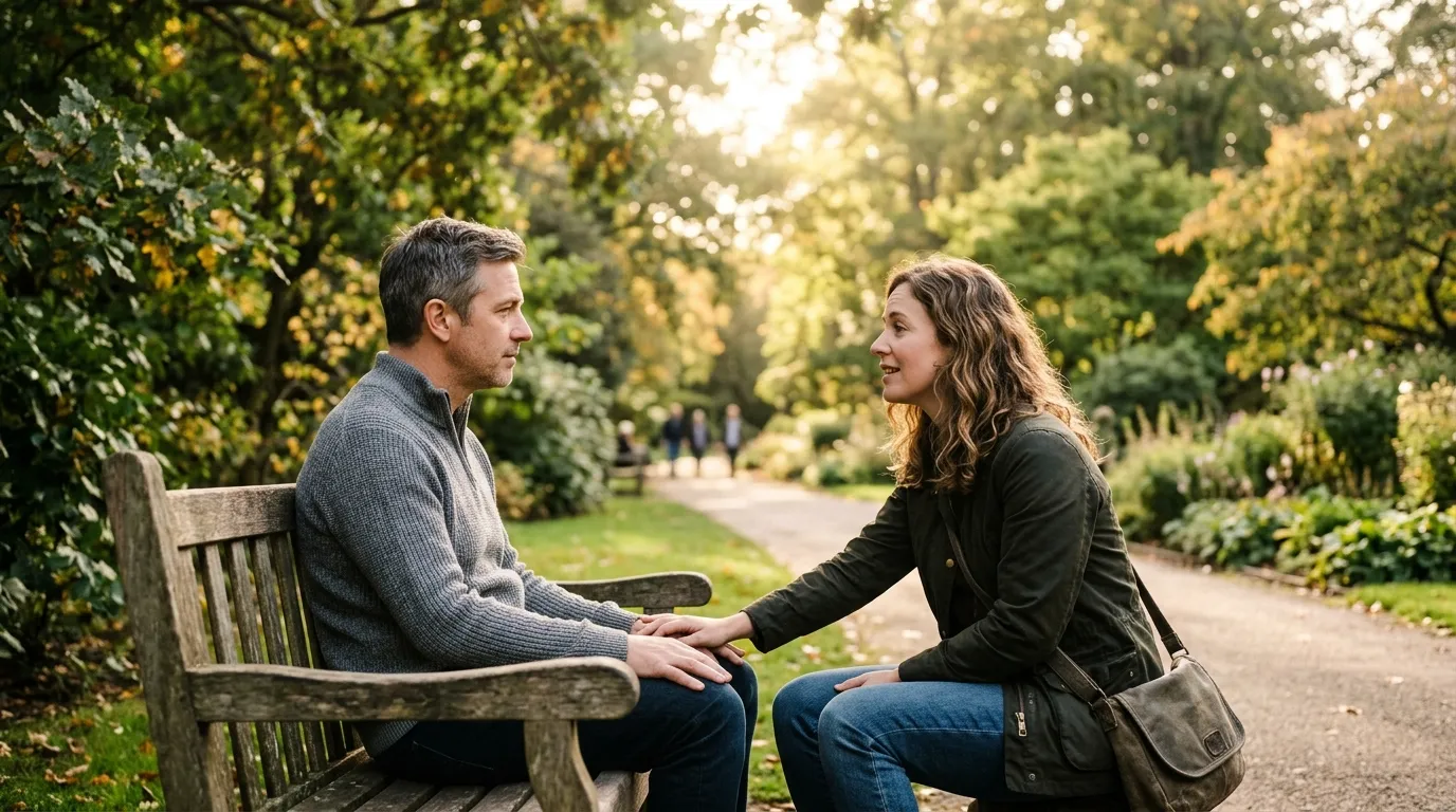Couple having an honest emotional conversation at home while working to rebuild trust in their relationship.
