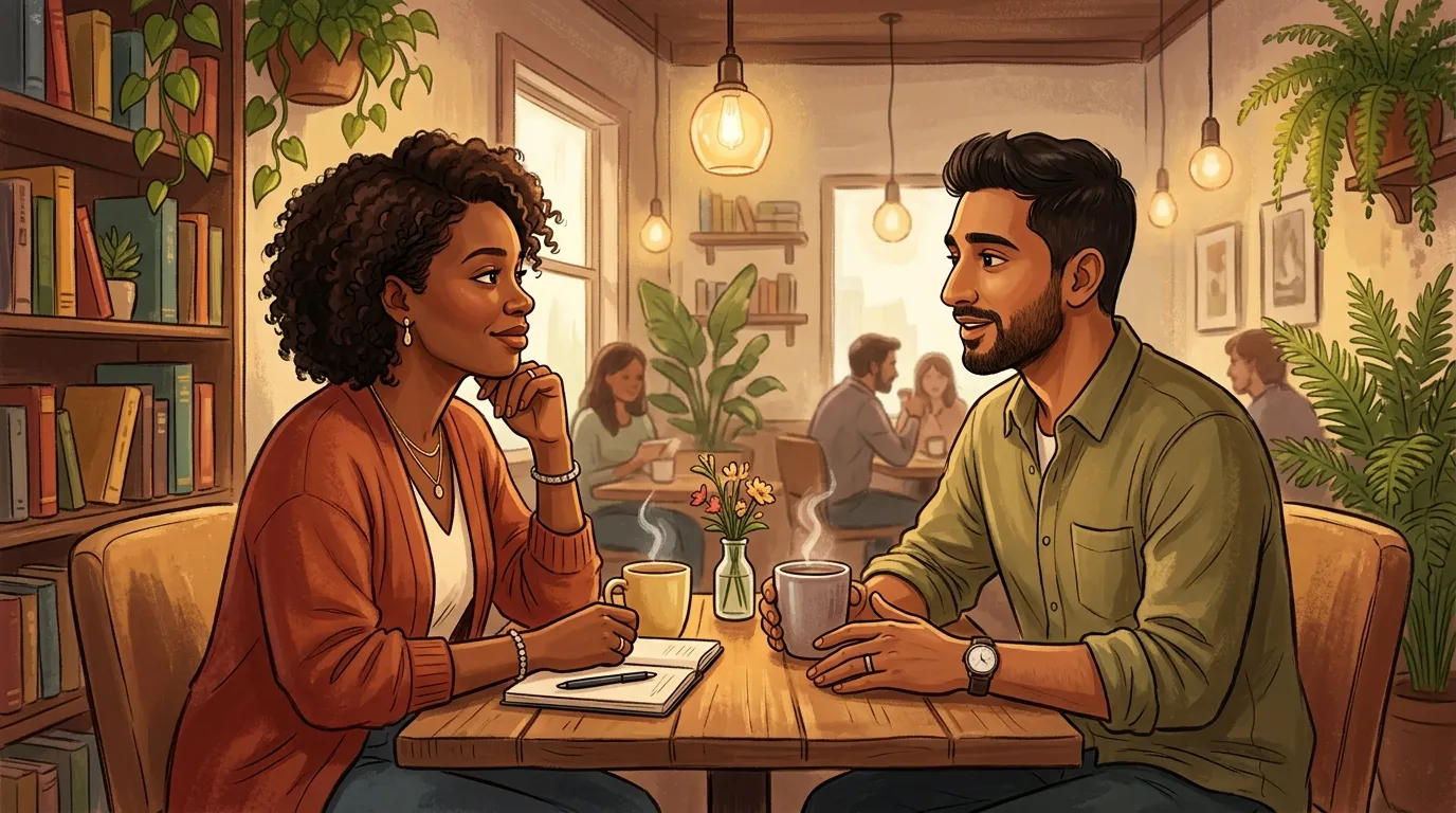 Couple having a calm and honest conversation at a table while listening carefully