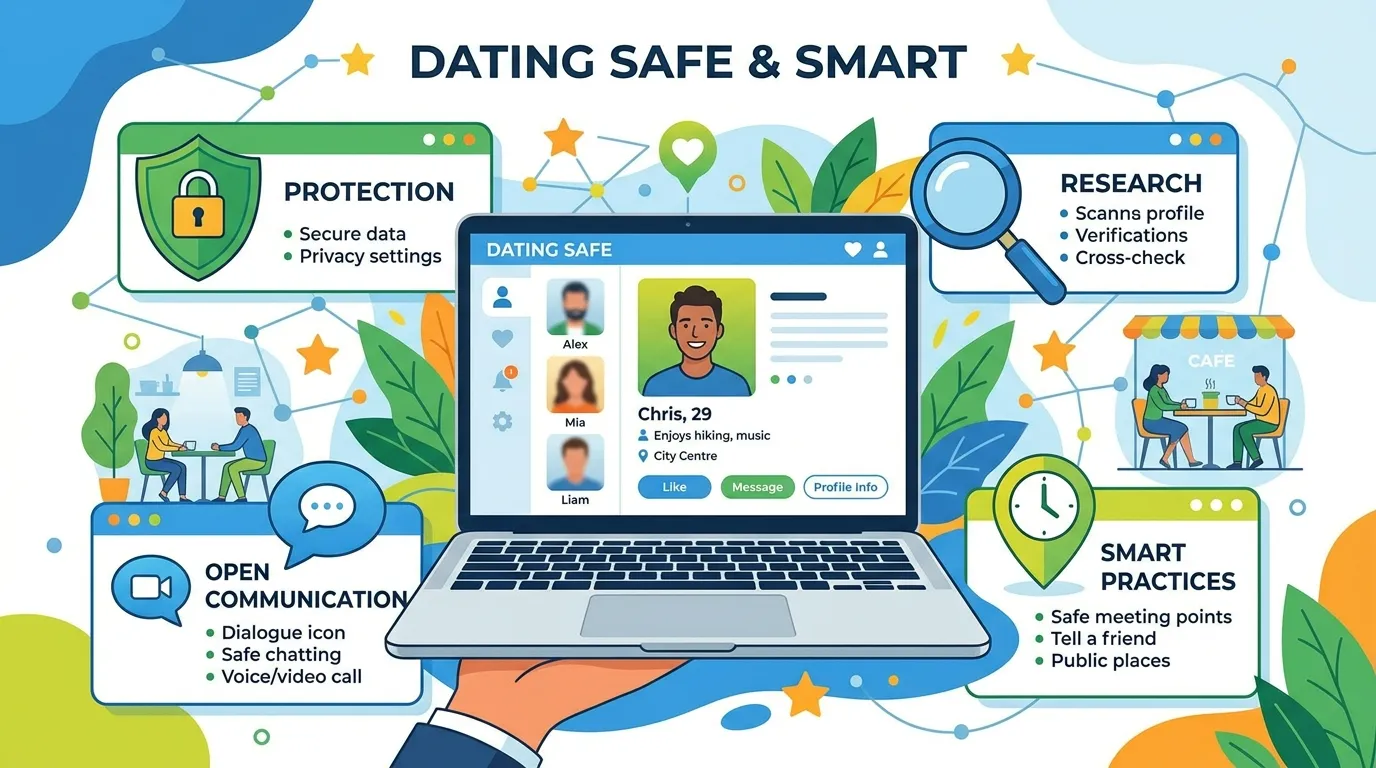 A person using a dating app safely on a phone while sitting in a public place, highlighting privacy and online dating safety awareness.