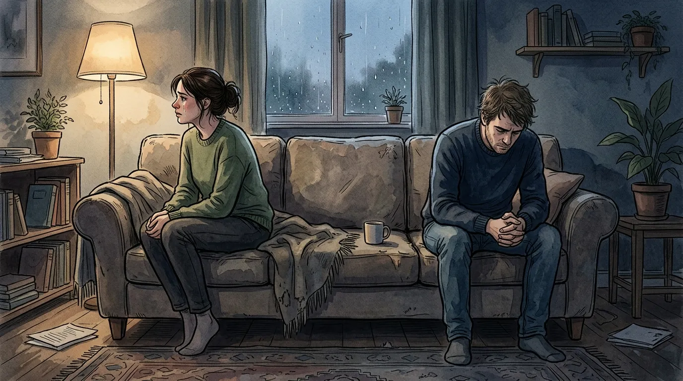 Couple sitting apart on a couch looking emotionally distant after an argument