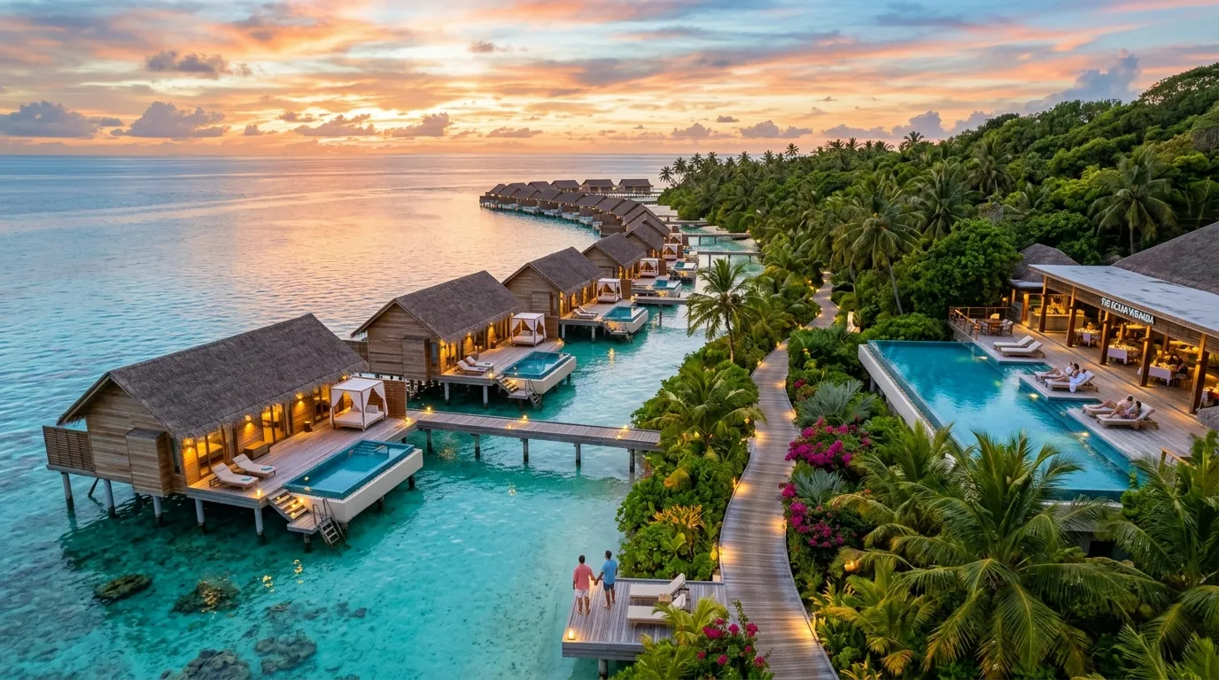 luxury resort villa with private pool overlooking ocean, honeymoon couple enjoying spa and romantic setting