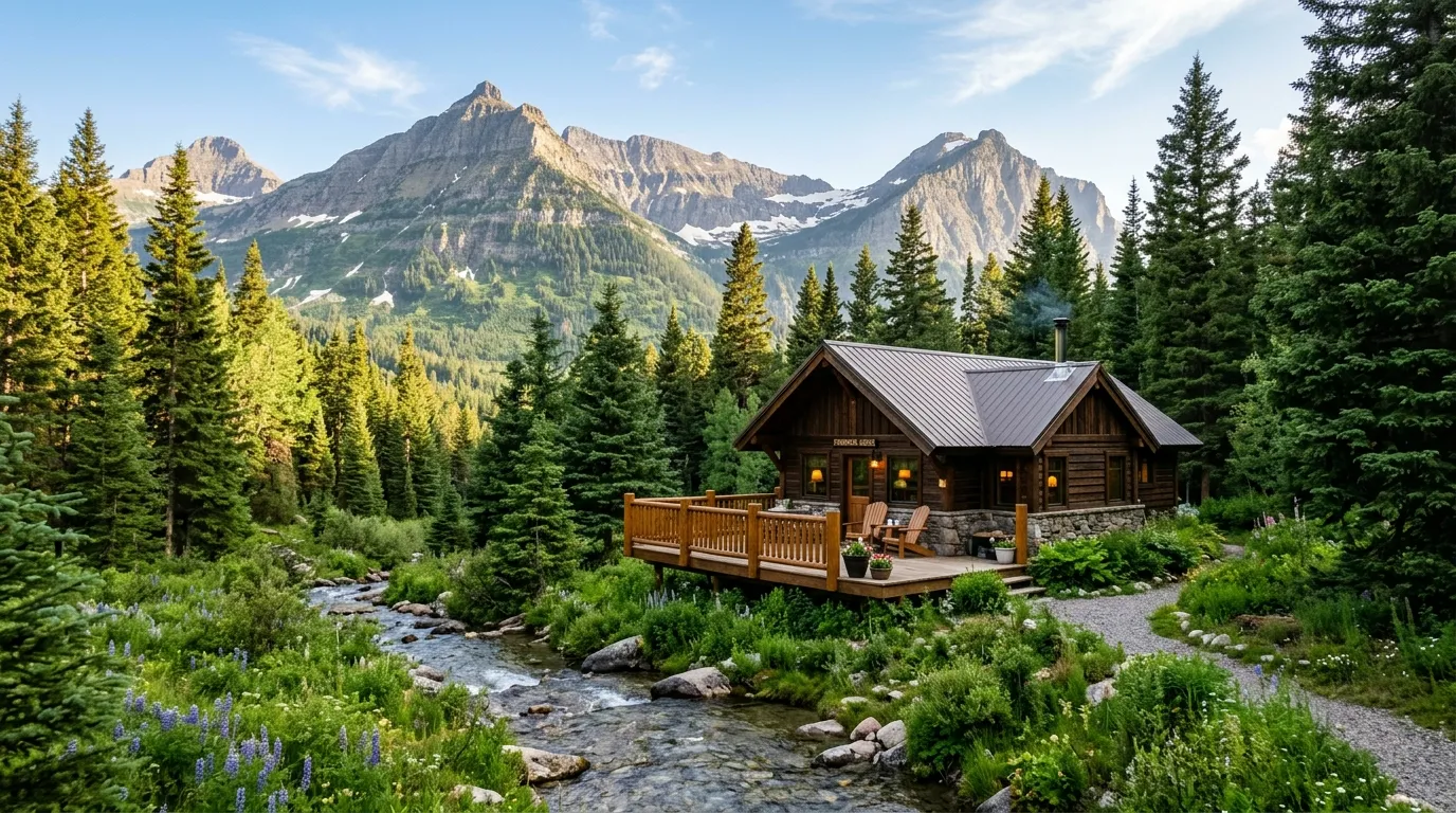 cozy cabin in the mountains with fireplace, snowy landscape, romantic couple enjoying peaceful escape in nature